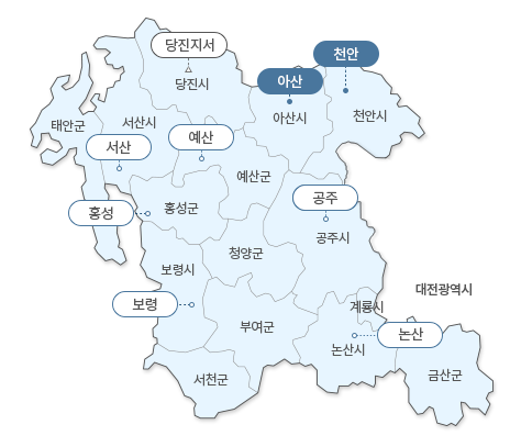 충청남도 지도 : 대전광역시, 당진시(당진지서), 아산시(아산), 천안시(천안), 태안군, 서산시(서산), 예산군(예산), 공주시(공주), 홍성군, 청양군, 보령시(보령), 부여군, 서천군, 논산시(논산), 계롱시, 금산군
