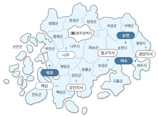 전남광주통합특별시 지도 : (舊)광주광역시, 영광군, 장성군, 담양군, 곡성군, 구례군, 함평군, 나주시(나주), 무안군, 화순군, 순천시(순천), 광양시(광양), 여수시(여수), 고흥군, 보성군(벌교), 장홍군, 강진군(강진), 영암군, 목포시(목포), 해남군(해남), 진도군, 신안군