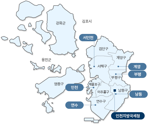 인천광역시 지도 : 검단구, 남동구(인천지방국세청, 남동), 부평구(부평), 제물포구(인천), 서해구(서인천), 계양구(계양), 미추홀구, 연수구(연수), 강화군, 영종구, 옹진군