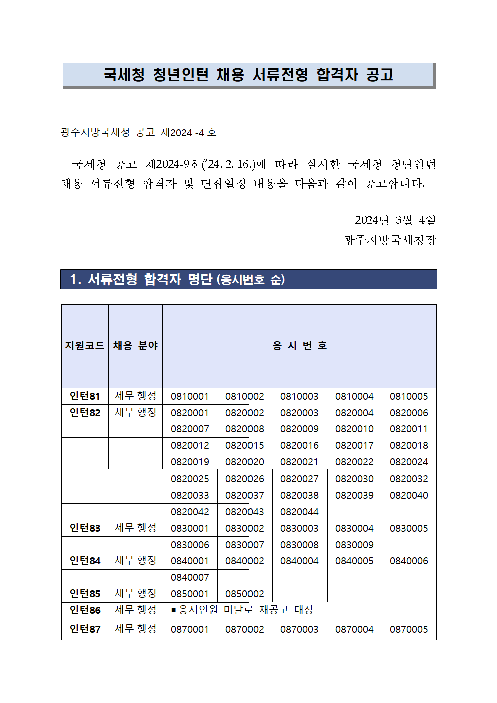 광주지방국세청 청년인턴 채용 서류전형 합격자 공고 이미지 1