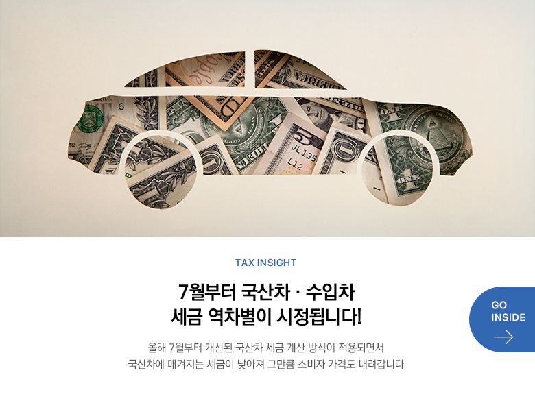 Tax Insight 7월부터 국산차·수입차 세금 역차별이 시정됩니다! 올해 7월부터 개선된 국산차 세금 계산 방식이 적용되면서 국산차에 매겨지는 세금이 낮아져 그만큼 소비자 가격도 내려갑니다 GO INSIDE