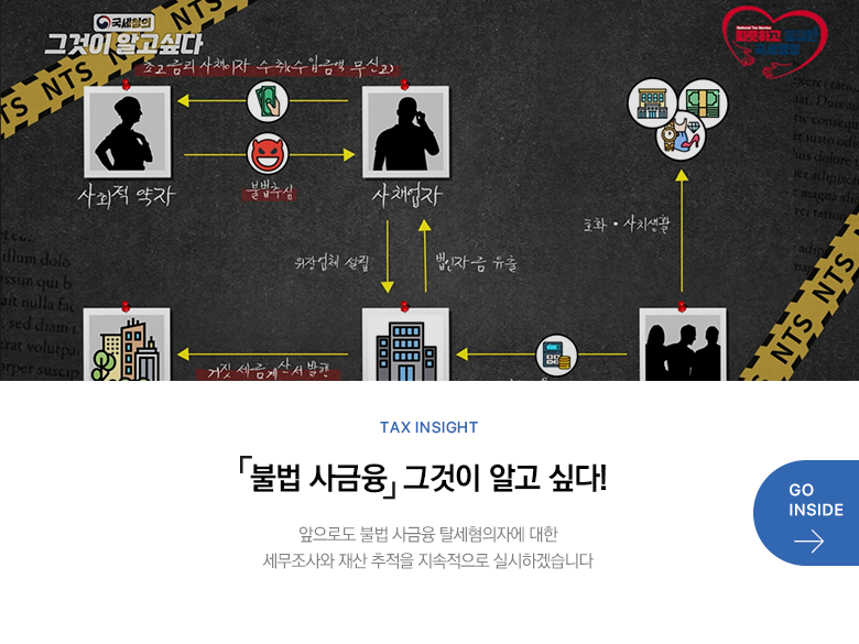 Tax Insight 「불법 사금융」 그것이 알고 싶다! 앞으로도 불법 사금융 탈세혐의자에 대한 세무조사와 재산 추적을 지속적으로 실시하겠습니다 GO INSIDE