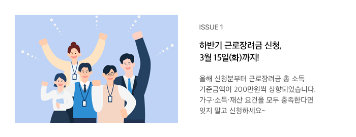 ISSUE 1 하반기 근로장려금 신청, 3월 15일(화)까지! 올해 신청분부터 근로장려금 총 소득 기준금액이 200만원씩 상향되었습니다. 가구·소득·재산 요건을 모두 충족한다면 잊지 말고 신청하세요~