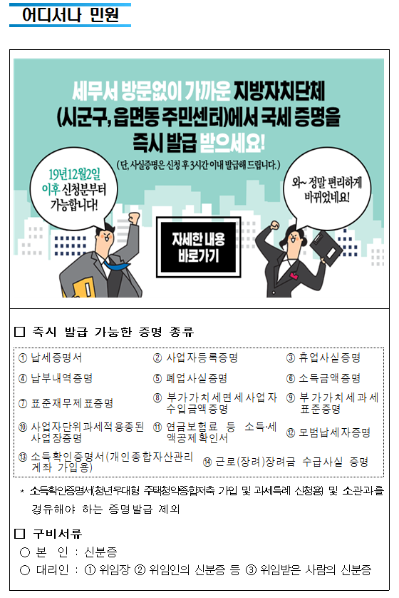 세무서를 방문할 필요 없는<br/>편리한 국세증명 발급<br/>가까운 지방자치단체에서도 국세증명 즉시 발급<br/><br/><br/>국세청 납세자보호담당관<br/><br/><br/><br/><br/>어디서나 민원<br/>세무서 방문없이 가까운 지방자치단체(시군구, 읍면동 주민센터)에서 국세 증명을 즉시 발급 받으세요!<br/>(단, 사실증명은 신청 후 3시간 이내 발급해 드립니다.)<br/>19년 12월2일 이후 신청분부터 가능합니다!<br/>와~ 정말편리하게 바뀌었네요!<br/><br/>자세한 내용 바로가기<br/><br/><br/><br/>□ 즉시 발급 가능한 증명 종류<br/><br/>①납세증명서<br/>②사업자등록증명<br/>③휴업사실증명<br/>④납부내역증명<br/>⑤폐업사실증명<br/>⑥소득금액증명<br/>⑦표준재무제표증명<br/>⑧부가가치세면세사업자수입금액증명<br/>⑨부가가치세과세표준증명<br/>⑩사업자단위과세적용종된사업장증명<br/>⑪연금보험료 등 소득<br/>세무서를 방문할 필요 없는<br/>편리한 국세증명 발급<br/>가까운 지방자치단체에서도 국세증명 즉시 발급<br/><br/><br/>국세청 납세자보호담당관<br/><br/><br/><br/><br/>어디서나 민원<br/>세무서 방문없이 가까운 지방자치단체(시군구, 읍면동 주민센터)에서 국세 증명을 즉시 발급 받으세요!<br/>(단, 사실증명은 신청 후 3시간 이내 발급해 드립니다.)<br/>19년 12월2일 이후 신청분부터 가능합니다!<br/>와~ 정말편리하게 바뀌었네요!<br/><br/>자세한 내용 바로가기<br/><br/><br/><br/>□ 즉시 발급 가능한 증명 종류<br/><br/>①납세증명서<br/>②사업자등록증명<br/>③휴업사실증명<br/>④납부내역증명<br/>⑤폐업사실증명<br/>⑥소득금액증명<br/>⑦표준재무제표증명<br/>⑧부가가치세면세사업자수입금액증명<br/>⑨부가가치세과세표준증명<br/>⑩사업자단위과세적용종된사업장증명<br/>⑪연금보험료 등 소득·세액공제확인서<br/>⑫모범납세자증명<br/>⑬소득확인증명서(개인종합자산관리계좌 가입용)<br/>⑭근로(장려)장려금 수급사실 증명<br/><br/> * 소득확인증명서(청년우대형 주택청약종합저축 가입 및 과세특례 신청용) 및 소관과를 경유해야 하는 증명발급 제외<br/>□ 구비서류<br/> ○ 본  인 : 신분증<br/> ○ 대리인 :① 위임장 ② 위임인의 신분증 등 ③ 위임받은 사람의 신분증<br/><br/><br/><br/>스마트폰으로 국세증명 발급하기<br/><br/><br/> 국세청 손택스란? <br/> ① 스마트폰과 홈택스의 혼용어로, 스마트폰에서 홈택스 서비스를 이용할 수 있도록 구현한 앱을 명칭합니다.<br/> ② 국세증명 발급 신청·열람 등 각종 민원 서비스를 스마트폰을 통해 제공받을 수 있습니다.<br/><br/><br/>1.「국세청 손택스」앱 실행<br/>2. 「민원증명」선택<br/>3. 「즉시발급증명」 신청<br/><br/><br/><br/>4.민원목록에서 증명서 선택<br/>5. 회원가입 및 (인증서)로그인<br/>6. 신청내용 입력<br/><br/><br/><br/><br/><br/><br/> 국세청 손택스 「민원증명」 서비스<br/><br/> 제<br/>공<br/>하는서비스<br/>종 류<br/>서비스 내용 (현재)<br/>즉시발급증명 신청<br/>○ 사업자등록증명 등 국세증명(15종) 발급 신청<br/>사실증명 신청<br/>○ 사실증명(12유형)에 대해 발급 신청<br/> * 사실여부 검토 필요(신청 후 3시간 근무시간 내 처리)<br/>민원신청 결과 조회<br/>○ 모바일에서 처리된 사무가 모두 조회<br/>민원서류발급제한(해지) 신청<br/>○ 타인이 부당 발급받을 가능성을 차단하는 서비스<br/>민원증명 원본확인 (수요처 조회)<br/>○ 발급번호 혹은 바코드로 원본 확인<br/> * 바코드로 확인시 마크애니(MaSmartDetector) 설치 필요<br/>민원실 대기인원 조회<br/>○ 별도 로그인 없이 실시간 대기인원 조회<br/> * 민원이 집중되는 50개 세무서에서만 현황 제공<br/>민원증명 발급예약(방문수령)<br/>○ 민원증명을 예약신청하고 편리한 시간에 방문 수령<br/> * 평일 09:00～21:00, 토요일 09:00～13:00 수령 가능 <br/> (단, 인천공항 납세지원센터는 평일 09:00～18:00까지 가능)<br/>사업자 등록증 조회<br/>○ 사업자 등록증 조회 및 팩스발송<br/>기타증명 신청<br/>○ 거주자증명서 발급신청서<br/>○ 비거주자 등의 국내원천소득에 대한 소득세(법인세) 납세사실증명<br/>○ 임대차 정보제공 요청서 <br/>서면(방문,우편등) 접수현황<br/>○ 방문·우편 등 서면으로 제출한 민원서류 접수내역 확인<br/><br/> 발급(출력) 방법<br/><br/>  <br/><br/><br/><br/><br/>무인민원발급기를 이용한 국세증명 발급<br/><br/><br/> 무인민원발급서비스란<br/>지방자치단체에서 운영하는 전국 4천 1백여 대의 무인민원발급기를 통해서 세무서에 방문하지 않고도 생활근거지에서 국세증명(13종) 및 각종 민원증명(73종)을 한 자리에서 발급받을 수 있는 서비스입니다<br/> 이용방법<br/>무인민원발급기의 LCD 화면의 지시에 따라 본인의 해당되는 항목을 손가락으로 터치하여 국세 증명을 발급함<br/><br/><br/><br/><br/><br/><br/>무인민원발급시스템 첫 화면<br/>무인민원발급시스템 국세증명 선택 화면<br/><br/> 국세증명 발급 이용대상<br/> ○ 근로소득자 등 일반국민<br/> ○ 개인사업자<br/> ○ 법인사업자(법인은 대표자가 이용가능)<br/>  * 주민등록번호와 지문(指紋)으로 본인(법인 대표자)임을 확인한 후 서비스 제공<br/> 무인민원발급기 설치장소<br/> ○ 정부민원포털 「정부24」에서 확인 가능<br/>    * 정부24(www.gov.kr) 누리집 Home 〉고객센터 〉서비스지원 〉무인민원발급안내<br/><br/><br/>국세·지방세 통합민원실<br/><br/><br/> 국세·지방세 통합민원실이란?<br/>지자체(시군구청) 민원업무 사무실 내에 지자체 직원과 세무서 직원이 함께 근무하면서 국세와 지방세 민원업무를 한 장소에서 제공하는 서비스<br/> 주요업무 <br/> ○ 각종신고서 접수, 사업자등록 신청·발급, 국세·지방세 제 증명 발급<br/>    * 세부적인 세무 상담과 소관과를 경유해야 하는 증명발급 제외<br/> ○ ‘17년 첫 통합민원실 개장 이후 현재까지 26개소가 운영 중이며 계속 확대해 나가고 있습니다<br/>     - ‘20년 상반기 중 9개소 신설 예정 (원주시, 포천시, 부천시, 화성시(동탄), 횡성군, 천안시(서북구), 예산군, 부안군, 산청군)<br/><통합민원실 설치된 주민센터><br/>  <br/>번호<br/>관할세무서<br/>시도<br/>설치 지자체<br/>번호<br/>관할세무서<br/>시도<br/>설치 지자체<br/>1<br/>영월<br/>강원<br/>정선군청<br/>14<br/>영주<br/>경북<br/>봉화군청<br/>2<br/>화성<br/>경기<br/>화성시청<br/>15<br/>남대구<br/>대구<br/>달성군청<br/>3<br/>의정부<br/>경기<br/>양주시청<br/>16<br/>금정<br/>부산<br/>기장군청<br/>4<br/>남양주<br/>경기<br/>남양주시청<br/>17<br/>부산진<br/>부산<br/>부산진구청<br/>5<br/>양산<br/>경남<br/>양산시청<br/>18<br/>울산<br/>울산<br/>울주군청<br/>6<br/>마산<br/>경남<br/>창녕군청<br/>19<br/>서광주<br/>전남<br/>영광군청<br/>7<br/>김해<br/>경남<br/>김해시청<br/>20<br/>목포<br/>전남<br/>무안군청<br/>8<br/>통영<br/>경남<br/>고성군청<br/>21<br/>순천<br/>전남<br/>구례군청<br/>9<br/>서대구<br/>경북<br/>고령군청<br/>22<br/>남원<br/>전북<br/>장수군청<br/>10<br/>상주<br/>경북<br/>문경시청<br/>23<br/>논산<br/>충남<br/>부여군청<br/>11<br/>영주<br/>경북<br/>예천군청<br/>24<br/>동청주<br/>충북<br/>증평군청<br/>12<br/>안동<br/>경북<br/>군위군청<br/>25<br/>동청주<br/>충북<br/>괴산군청<br/>13<br/>안동<br/>경북<br/>의성군<br/>26<br/>청주<br/>충북<br/>진천군청<br/><br/><br/><br/><br/>인터넷 및 우체국을 이용한 국세증명 발급<br/><br/><br/> 국세청 홈택스 증명발급<br/> ○ 민원인이 인터넷 홈택스(www.hometax.go.kr)에서 회원가입 후 공인인증서로 로그인하여 국세증명 신청 및 발급<br/>  - 각 증명에 따라 아이디 또는 공인인증서 로그인만으로 발급 가능<br/>    * (회원가입 없이 공인인증서 로그인만으로 발급 가능한 증명) 국세증명 9종(②~⑥, ⑨, ⑩, ⑫, ⑬), 사실증명 12종(⑴~⑿)<br/>    * (공인인증서 필요없이 아이디 로그인만으로 발급 가능한 증명) 국세증명 5종(①~④, ⑬)<br/> ○ (민원증명 이용절차)<br/>    <br/> 정부24 국세증명 발급<br/> ○ 「정부24」는 행정안전부에서 운영하는 정부기관의 각종 민원증명을 온라인으로 제공하는 누리집<br/> ○ 민원인이 인터넷 정부24(www.gov.kr)에서 회원가입 후 공인인증서로 로그인하여 국세증명 신청 및 발급<br/>     * (발급 가능한 증명) 국세증명 14종(⑩은 제외) 및 사실증명 2종(⑴,⑵만 가능)<br/> 민원우편제<br/> ○ 민원인이 온라인이 아닌 우체국에서 ‘민원우편’을 이용하여 국세증명을 자택 등 원하는 곳에서 우편으로 받아볼 수 있는 서비스<br/> ○ (이용방법)<br/>   <br/>「민원우편제」를 통한 국세증명 발급 방법<br/><br/><br/><br/>  <br/><br/><br/><br/><br/>익일 특급발송<br/><br/><br/><br/><br/><br/>접수<br/>접수 우체국<br/><br/>민원발급<br/>기관배달 우체국<br/><br/>익일 특급발송<br/><br/>민원인<br/><br/><br/><br/>세무서<br/><br/><br/><br/><br/>배달 우체국<br/>접수 우체국<br/>익일 특급배달<br/><br/><br/>회송접수<br/><br/><br/><br/><br/><br/>국세증명을 발급받는 다양한 방법<br/><br/><br/><br/>국세증명<br/>온라인<br/>발급<br/>시간<br/>발급 창구<br/>방문<br/>홈택스<br/>모바일<br/>무인<br/>민원<br/>정부<br/>24<br/>민원<br/>우편<br/>어디<br/>서나<br/>①사업자등록증명<br/>②휴업사실증명<br/>③폐업사실증명<br/>연중무휴<br/>24시간<br/>○<br/>○<br/>○<br/>○<br/>○<br/>○<br/>○<br/>④납세증명서<br/>⑤납부내역증명<br/>⑥소득금액증명<br/>⑦부가가치세과세표준증명<br/>⑧부가가치세면세사업자수입금액증명<br/>⑨소득확인증명서(개인종합자산관리계좌가입용)<br/>연중무휴<br/>08:00～<br/>22:00<br/>⑩소득확인