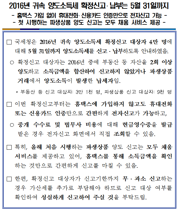 2016년 귀속 양도소득세 확정신고 납부는 5월 31일까지 이미지 2